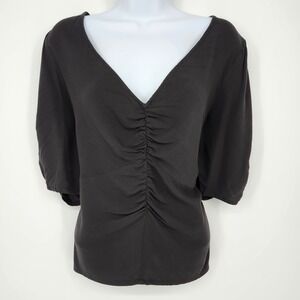 Old Navy Black Ruched V-Neck Puff Sleeve Top Womens Large Going Out Chic